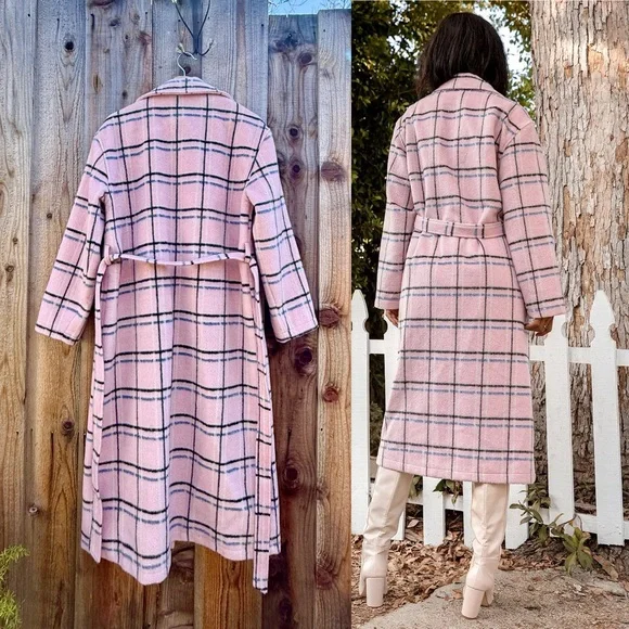 Retro Light Pink and Black Blue Plaid Longline Coat 🌿 - Picture 5 of 10